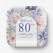 ピンクパープルフローラ神フレーム80th誕生日パーティー ペーパープレート (正面)