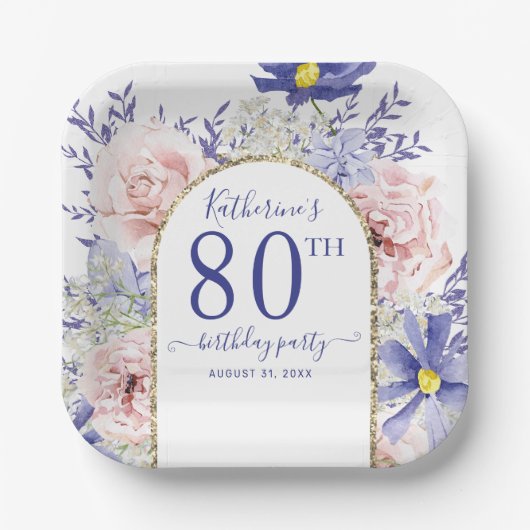 ピンクパープルフローラ神フレーム80th誕生日パーティー ペーパープレート (正面)