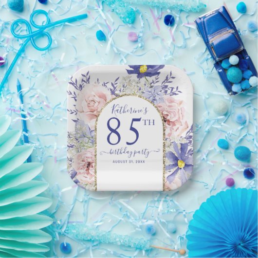 ピンクパープルフローラ神フレーム85th誕生日パーティー ペーパープレート (パーティー)