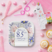 ピンクパープルフローラ神フレーム85th誕生日パーティー ペーパープレート (パーティー)