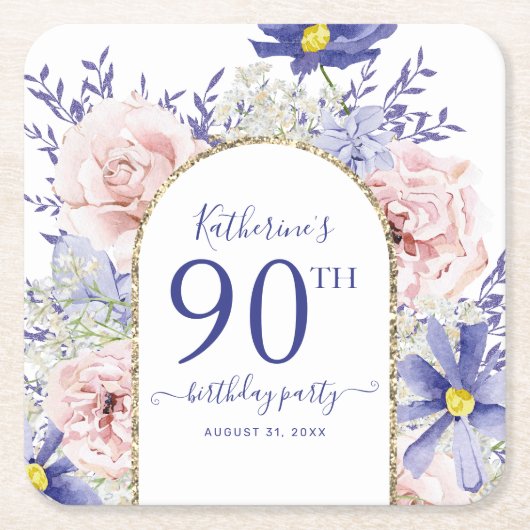 ピンクパープルフローラ神フレーム90th誕生日パーティー スクエアペーパーコースター (正面)