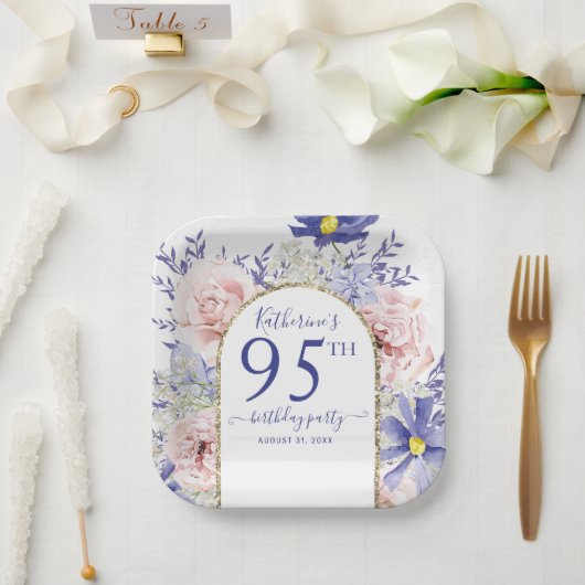 ピンクパープルフローラ神フレーム95th誕生日パーティー ペーパープレート (ウェディング)