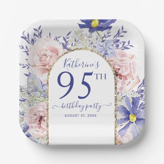 ピンクパープルフローラ神フレーム95th誕生日パーティー ペーパープレート (正面)