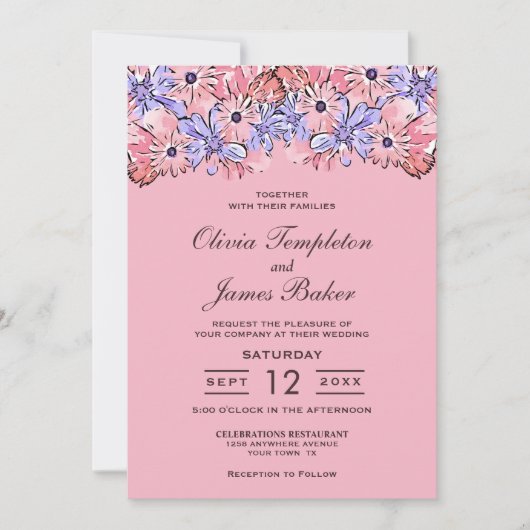 ピンクパープルフローラ結婚式招待状 招待状 (正面)