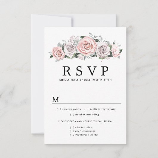 ピンクパープルフローラ結婚式RSVPカード、食事のオプション 出欠カード (正面)
