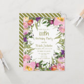 ピンクパープルフローラ葉グリーン誕生日100 カード (正面/裏面インサイチュ)