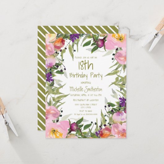 ピンクパープルフローラ葉グリーン誕生日18 カード (正面/裏面インサイチュ)