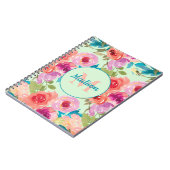 ピンクパープルフローラ葉ティール(緑がかった色)ミントモノグラム ノートブック (左側)