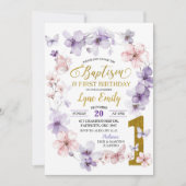 ピンクパープルフローラ蝶バプテスマ1st誕生日 招待状 (正面)