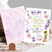 ピンクパープルフローラ蝶バプテスマ1st誕生日 招待状