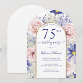 ピンクパープルフローラ金ゴールドアルチ75th誕生日パーティー 招待状 (正面/裏面)