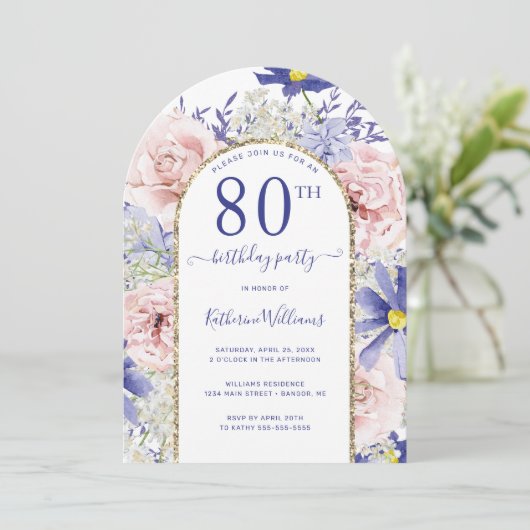 ピンクパープルフローラ金ゴールドアルチ80th誕生日パーティー 招待状 (スタンド正面)