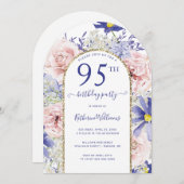 ピンクパープルフローラ金ゴールドアルチ95th誕生日パーティー 招待状 (正面/裏面)