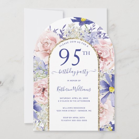 ピンクパープルフローラ金ゴールドアルチ95th誕生日パーティー 招待状 (正面)