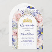 ピンクパープルフローラ金ゴールドアーチクラウンキンセアニラ 招待状 (正面/裏面)