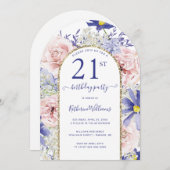 ピンクパープルフローラ金ゴールドアーチ21st誕生日パーティー 招待状 (正面/裏面)