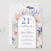 ピンクパープルフローラ金ゴールドアーチ21st誕生日パーティー 招待状 (正面)
