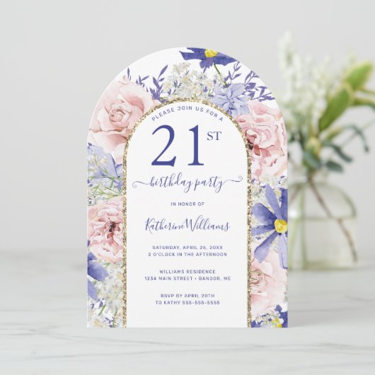 ピンクパープルフローラ金ゴールドアーチ21st誕生日パーティー 招待状 (スタンド正面)