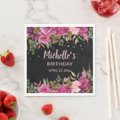 ピンクパープルフローラ金ゴールドグリッターブラック誕生日 スタンダードランチョンナプキン (インサイチュ)