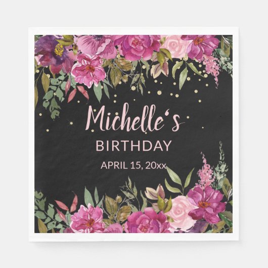 ピンクパープルフローラ金ゴールドグリッターブラック誕生日 スタンダードランチョンナプキン (正面)