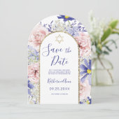 ピンクパープルフローラ金ゴールドバルミツワー日付を保存 招待状 (スタンド正面)