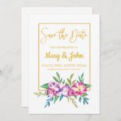 ピンクパープルフローラ金ゴールドフレーム日付カードの保存 セーブザデート (正面/裏面)