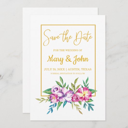 ピンクパープルフローラ金ゴールドフレーム日付カードの保存 セーブザデート (正面/裏面)