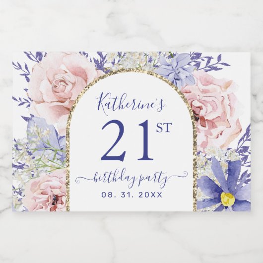 ピンクパープルフローラ21歳の誕生日パーティー スパークリングワインラベル (シングルラベル)