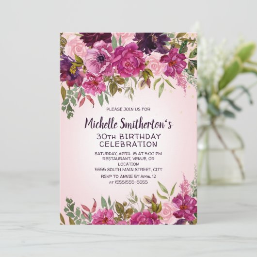ピンクパープルフローラ30th誕生日招待状 招待状 (スタンド正面)