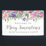 ピンクパープルフローラ50th Birthday Party Welcome 横断幕<br><div class="desc">50歳の縁ど誕生日の歓迎バナーの上部に沿って緑豊かなフローラは、緑の葉に囲まれた柔らかいピンク、紫、青の花々を特徴としている。ボホ与えのシックモダンな雰囲気だ。誕生日のお祝いの名前は書スクリプトフォントで。すべての文字を編集できる。この50歳の誕生日ウェルカムバナーは、50歳の誕生日フェスティバルフローラコレクションの一部である。このページにリンクが表示されるはずです。おもし願い連絡だ。</div>