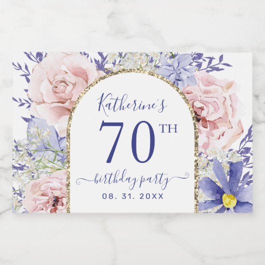 ピンクパープルフローラ70th誕生日パーティー スパークリングワインラベル (シングルラベル)