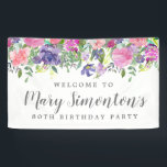 ピンクパープルフローラ80th Birthday Party Welcome 横断幕<br><div class="desc">80歳の縁ど誕生日の歓迎バナーの上部に沿って緑豊かなフローラは、緑の葉に囲まれた柔らかいピンク、紫、青の花々を特徴としている。ボホ与えのシックモダンな雰囲気だ。誕生日のお祝いの名前は書スクリプトフォントで。すべての文字を編集できる。この80thバースデーウェルカムバナーは、80th誕生日フェスティバルフローラコレクションの一部である。このページにリンクが表示されるはずです。おもし願い連絡だ。</div>