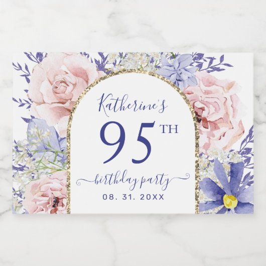 ピンクパープルフローラ95th誕生日パーティー スパークリングワインラベル (シングルラベル)