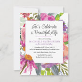 ピンクパープルフローラQRコード90誕生日 招待状 (正面)