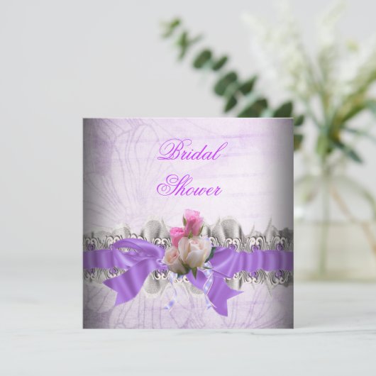 ピンクパープルブライダルシャワーホワイトレースガーター 招待状 (スタンド正面)