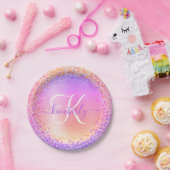 ピンクパープルブラシ仕上げメタルグリッターモノグラム名 ペーパープレート (パーティー)