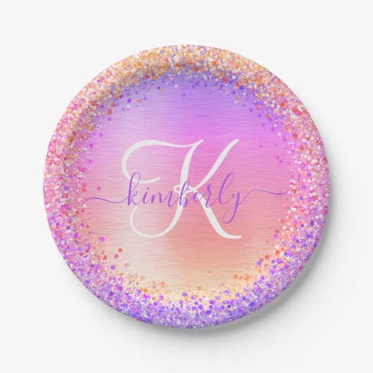 ピンクパープルブラシ仕上げメタルグリッターモノグラム名 ペーパープレート (正面)