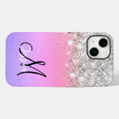ピンクパープルブラシ仕上げメタルシルバーグリッターモノグラム Case-Mate iPhoneケース (裏面 (横))