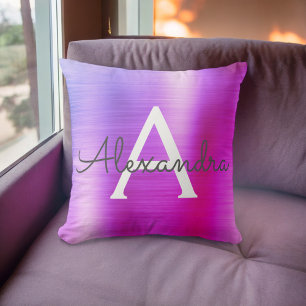 ピンクパープルブラシ仕上げ金属モノグラム名イニシャル クッション