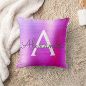 ピンクパープルブラシ仕上げ金属モノグラム名イニシャル クッション (ブランケット)