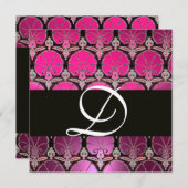 ピンクパープルブラックダマスクカーネーションズモノグラム 招待状 (正面/裏面)