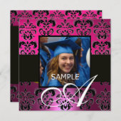 ピンクパープルブラック卒業ダマスクモノグラム 招待状 (正面/裏面)