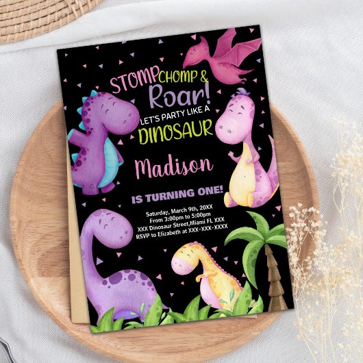 ピンクパープルブラック恐竜誕生日招待状 招待状
