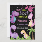 ピンクパープルブラック恐竜誕生日招待状 招待状 (正面)