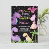 ピンクパープルブラック恐竜誕生日招待状 招待状 (スタンド正面)