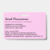 ピンクパープルブルーの守衛室カートゥーンハウスクリーニング バッジ (Back)