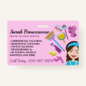 ピンクパープルブルーの守衛室カートゥーンハウスクリーニング バッジ (正面)