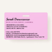 ピンクパープルブルーの守衛室カートゥーンハウスクリーニング バッジ (裏面)