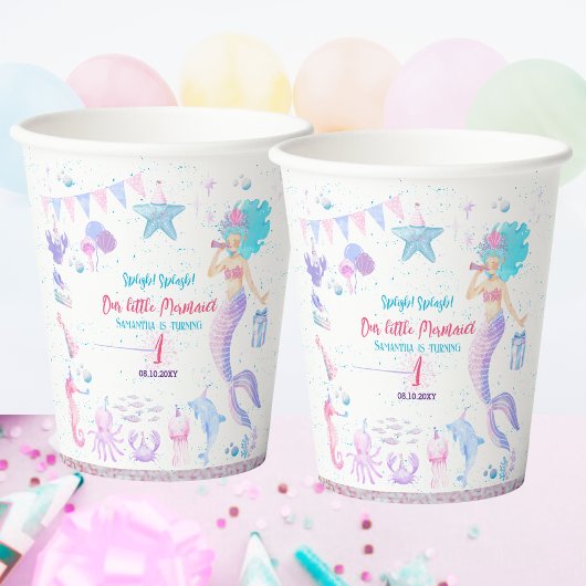 ピンクパープルブルーガールズマーメイド1st誕生日パーティー 紙コップ