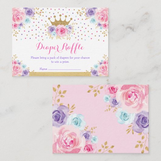ピンクパープルブルークラウンプリンセスおむつラッフル エンクロージャーカード (正面/裏面)